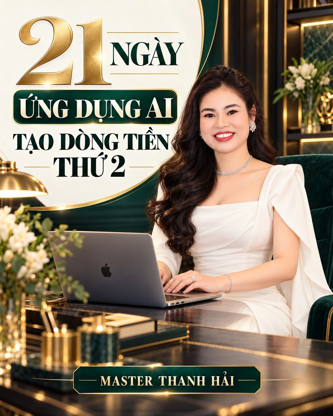 Thanh Hải bên laptop, poster chương trình 21 ngày ứng dụng AI tạo dòng tiền thứ hai